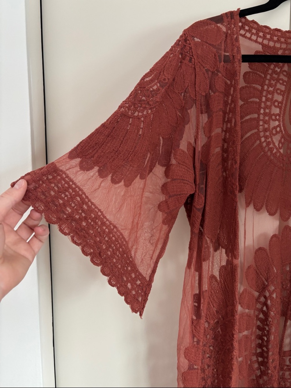 Sheer Crochet Kimono Camisole Cover-Up in Rust - Picture 3 of 3